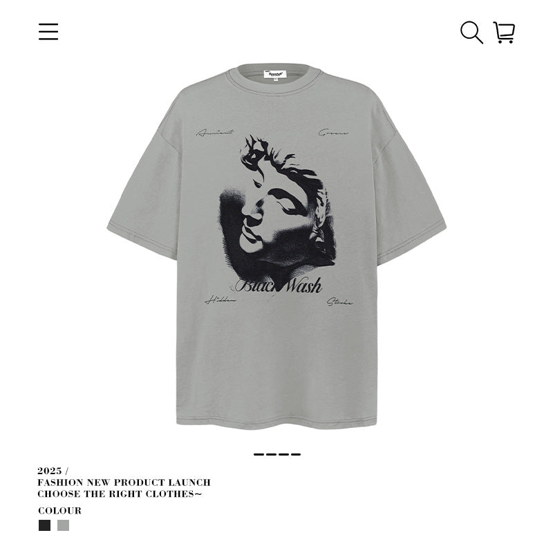 American vintage street T-shirt portrait print men's loose spring and summer half-sleeved shirt
