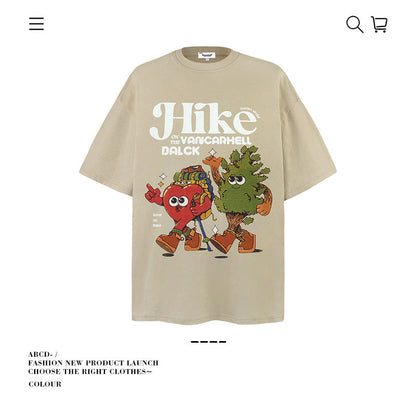 American vintage street T-shirt cotton cartoon print men and women summer loose