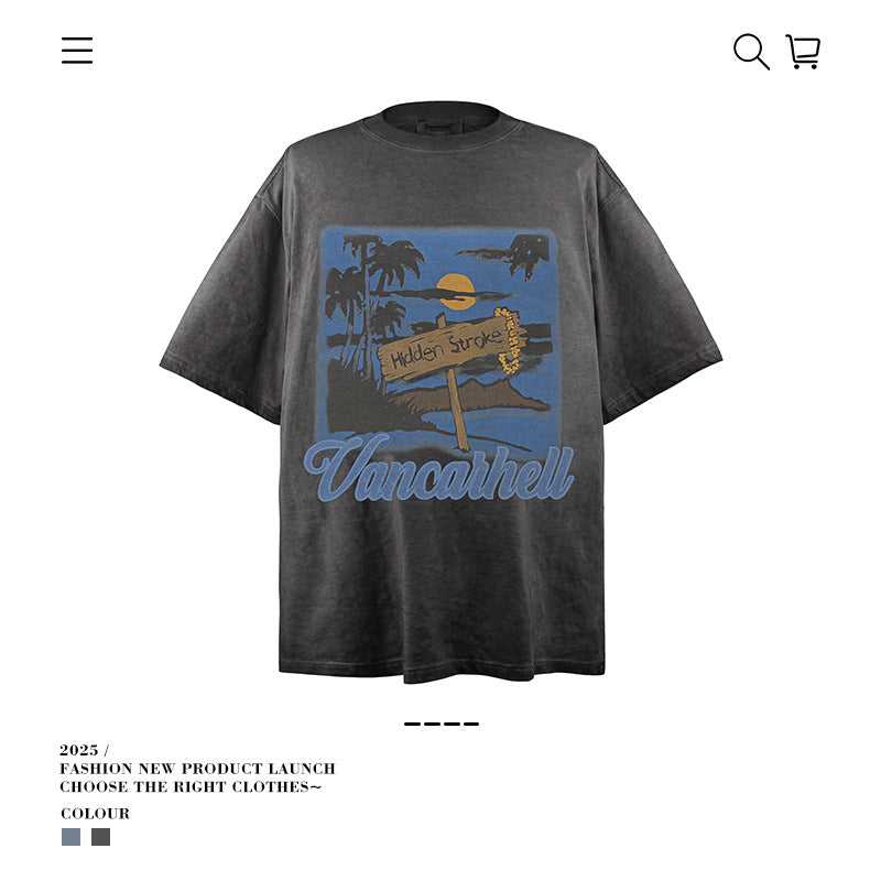 American vintage street T-shirt retro men's summer loose half-sleeved shirt