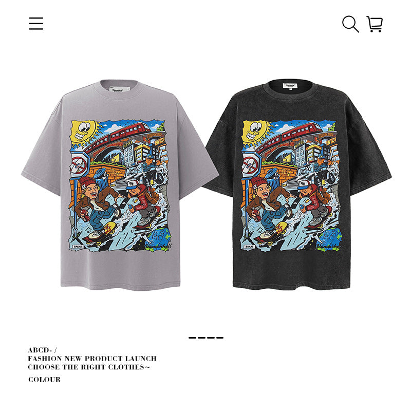 American vintage street T-shirt cotton fun cartoon print men and women summer loose half sleeve
