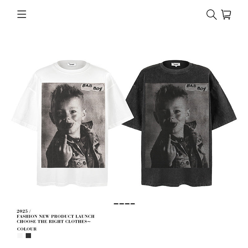 American vintage street T-shirt loose pure cotton men's summer