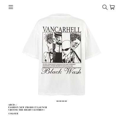 American vintage street T-shirt cotton cartoon character print men and women summer loose