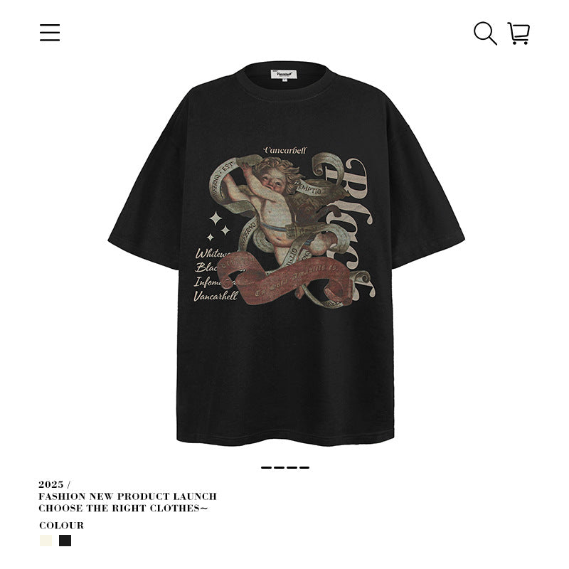 American vintage street T-shirt retro men's summer loose half-sleeved shirt