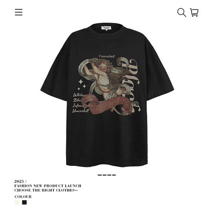 American vintage street T-shirt retro men's summer loose half-sleeved shirt