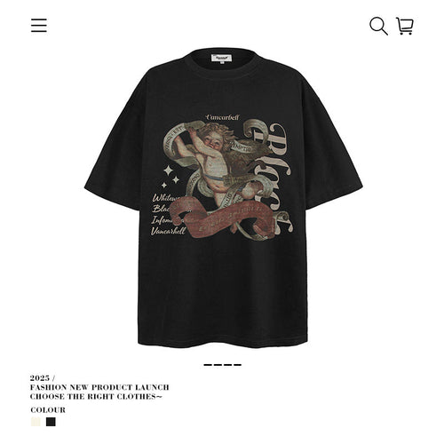 American vintage street T-shirt retro men's summer loose half-sleeved shirt