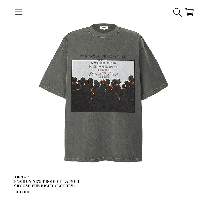 American vintage street T-shirt pure cotton retro men's and women's summer loose half sleeves