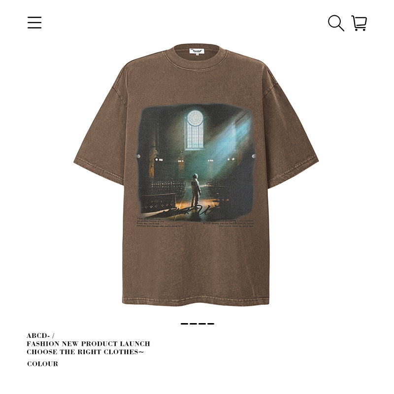 American vintage street T-shirt cotton vintage character print men and women summer loose