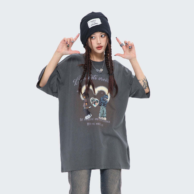 After Prom Shirt Women's Love T-shirt Retro Cartoon Printed Cotton Short Sleeve Men's Loose Ins