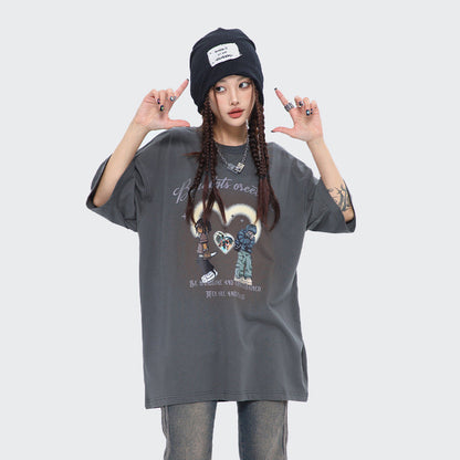 After Prom Shirt Women's Love T-shirt Retro Cartoon Printed Cotton Short Sleeve Men's Loose Ins