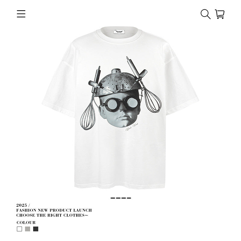 American vintage street T-shirt portrait print men loose half sleeve