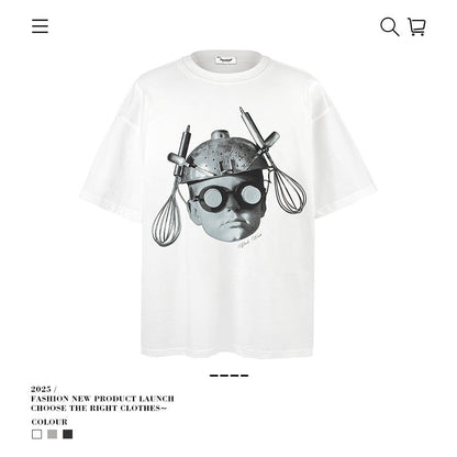 American vintage street T-shirt portrait print men loose half sleeve