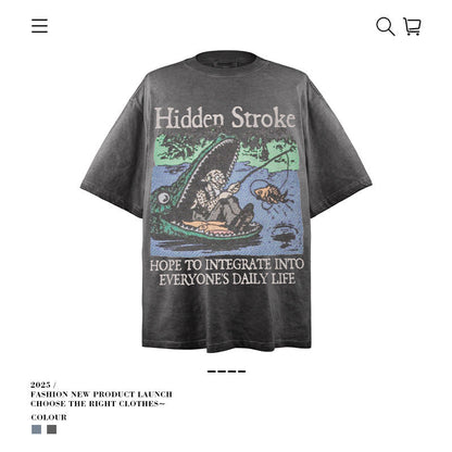 American vintage street T-shirt cartoon print loose summer cotton men's clothing