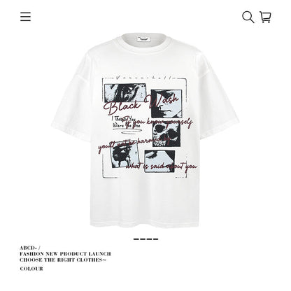 American vintage street T-shirt pure cotton retro men's and women's summer loose half sleeves