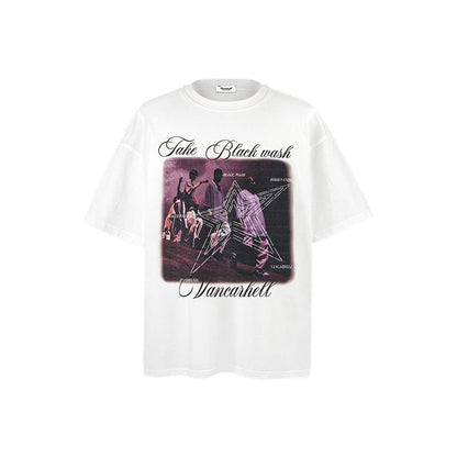 American vintage street T-shirt retro character print men's loose top