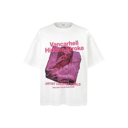 American vintage street T-shirt retro figure statue print men's summer loose half sleeve