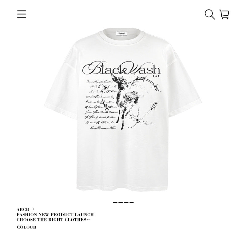 American vintage street T-shirt cotton lamb print men's and women's summer loose half-sleeves