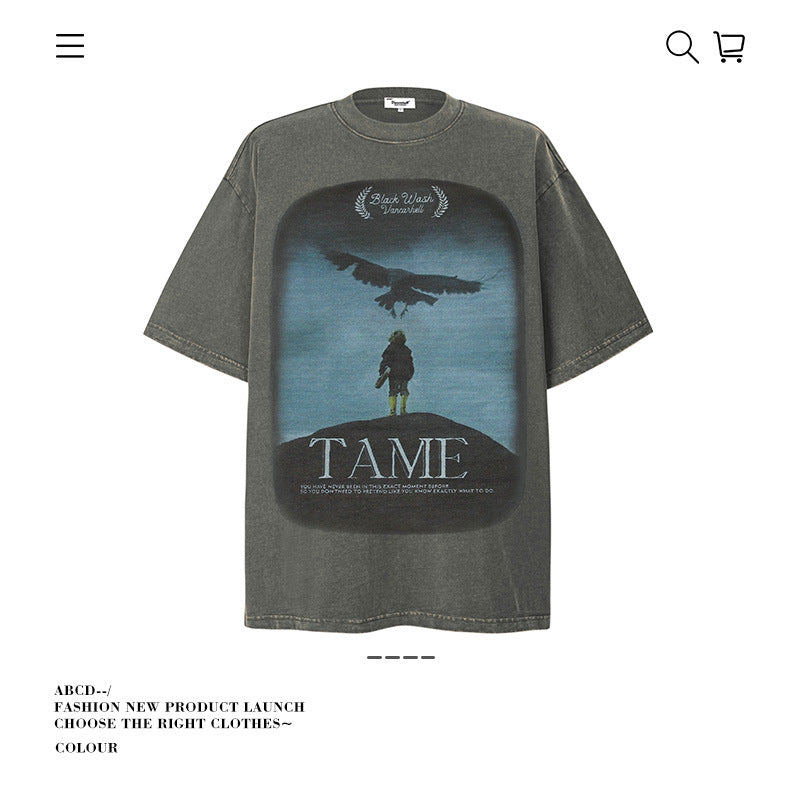 American vintage street T-shirt pure cotton retro men's and women's summer loose