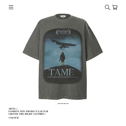 American vintage street T-shirt pure cotton retro men's and women's summer loose