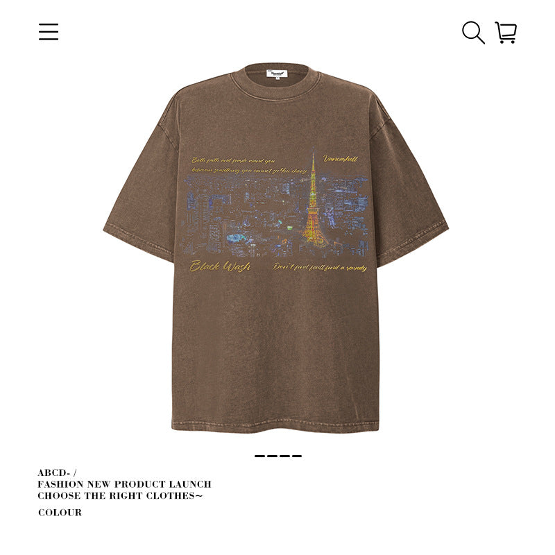 American vintage street T-shirt pure cotton retro men's and women's summer loose half sleeves