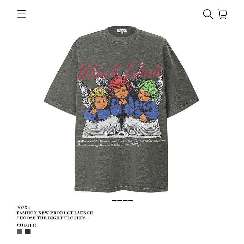 American vintage street T-shirt pure cotton retro men's and women's summer loose half sleeves