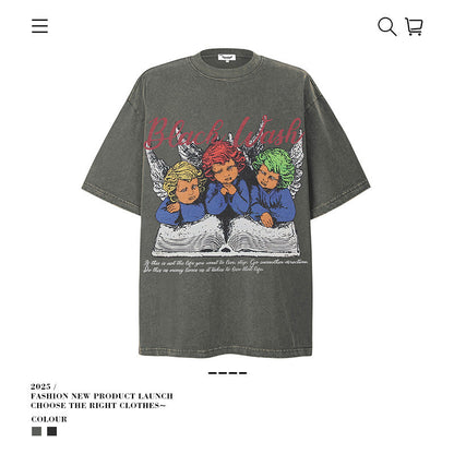 American vintage street T-shirt pure cotton retro men's and women's summer loose half sleeves