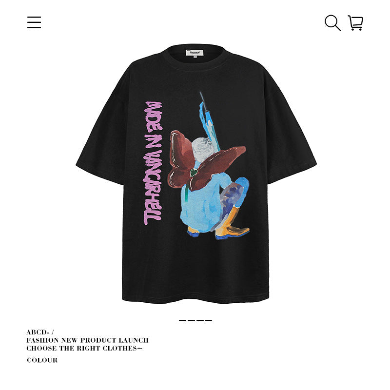 American vintage street T-shirt cotton fun cartoon print men and women summer loose