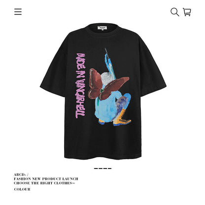 American vintage street T-shirt cotton fun cartoon print men and women summer loose
