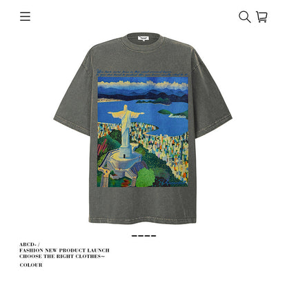 American vintage street T-shirt pure cotton retro men's and women's summer loose top