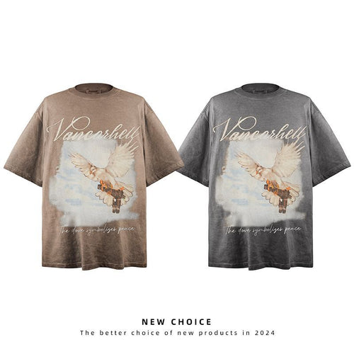 American vintage street T-shirt retro hand-painted bird print men's summer loose half sleeve