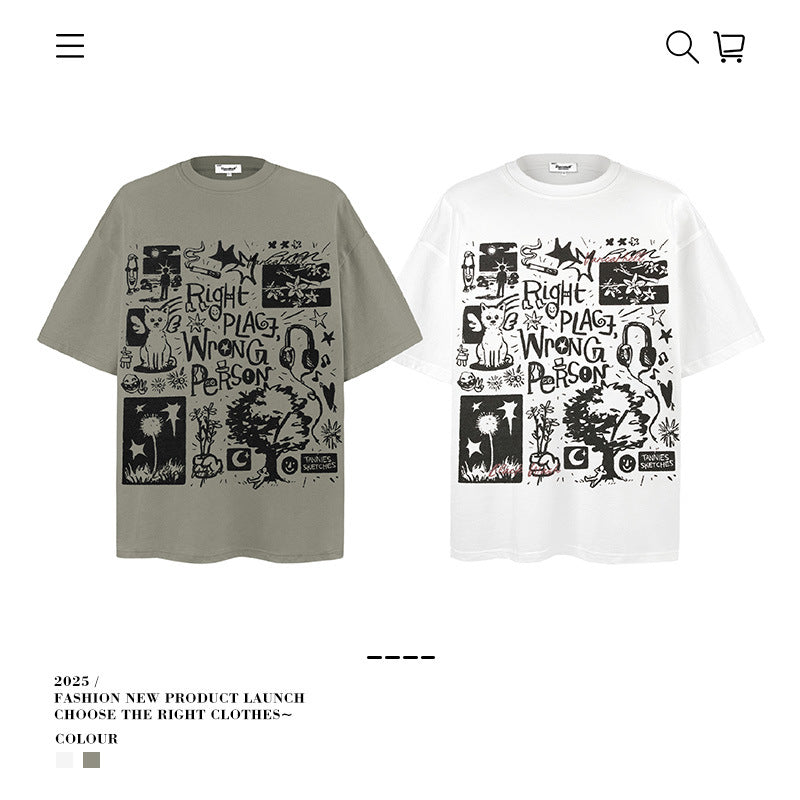 American vintage street T-shirt vintage cotton summer boys loose