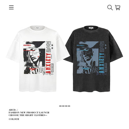 American vintage street T-shirt pure cotton retro men's and women's summer loose