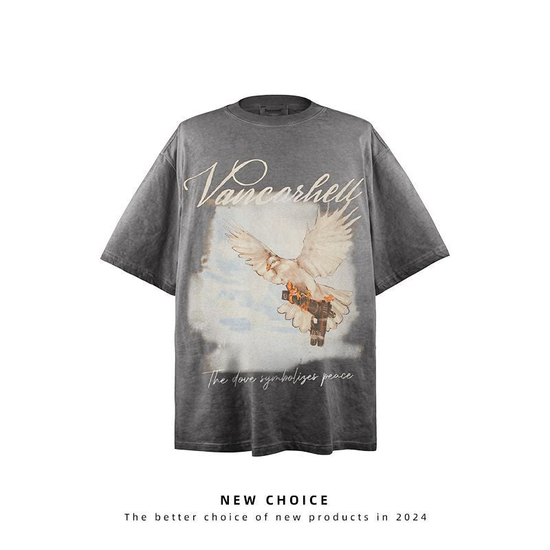 American vintage street T-shirt retro hand-painted bird print men's summer loose half sleeve