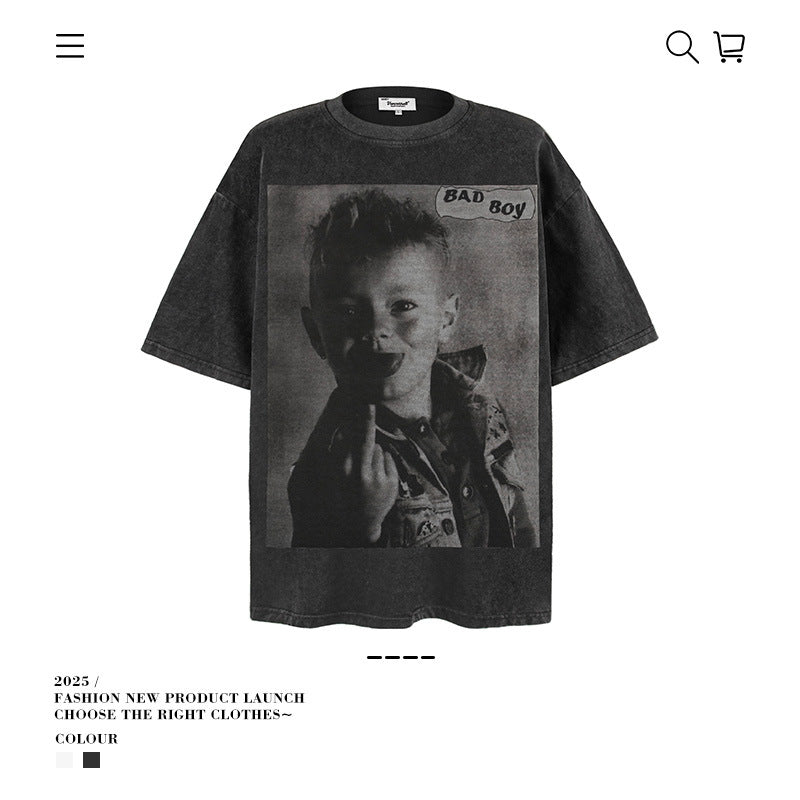 American vintage street T-shirt loose pure cotton men's summer