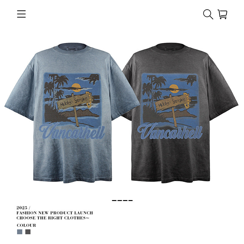 American vintage street T-shirt retro men's summer loose half-sleeved shirt