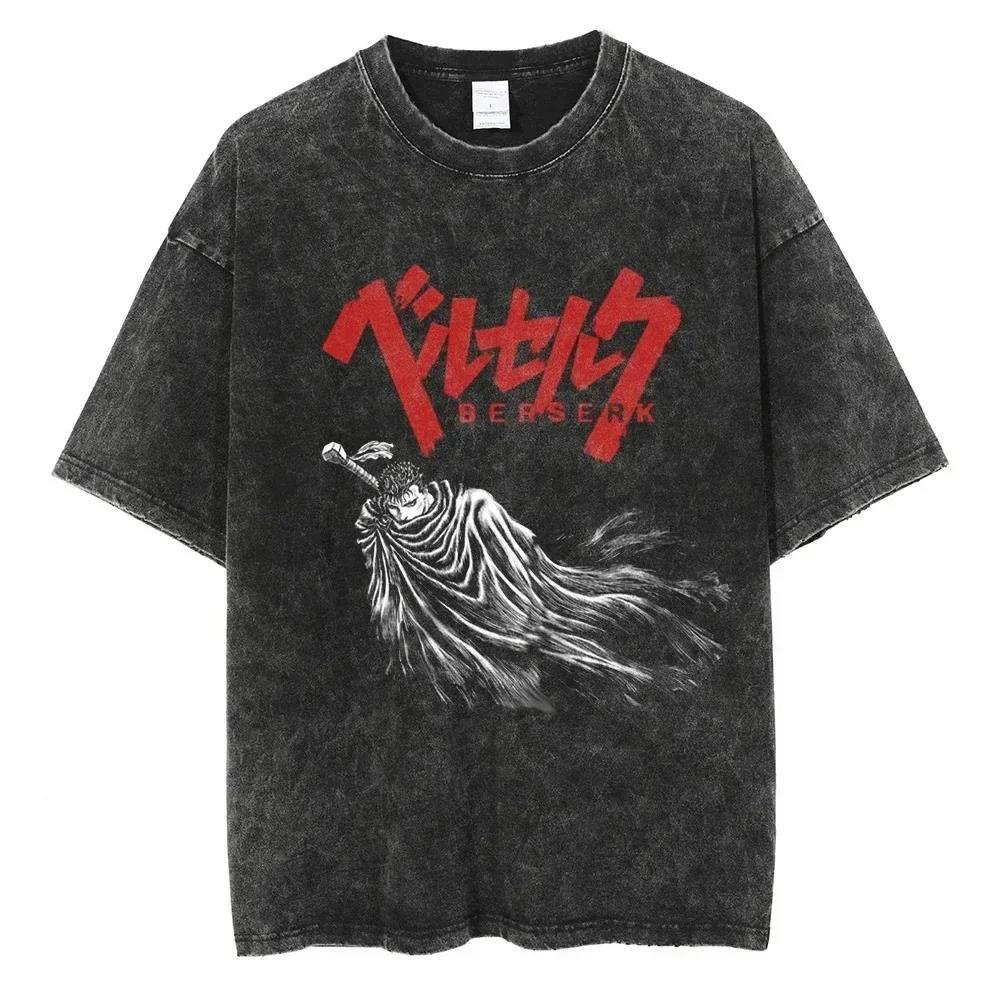 2024Berserk Print T Shirt Men Vintage Washed T-Shirt Anime
