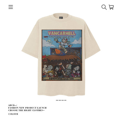 American vintage street T-shirt cotton cartoon print men and women summer loose