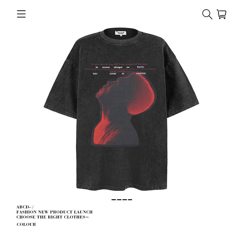 American vintage street T-shirt pure cotton retro portrait print men and women summer loose half sleeves