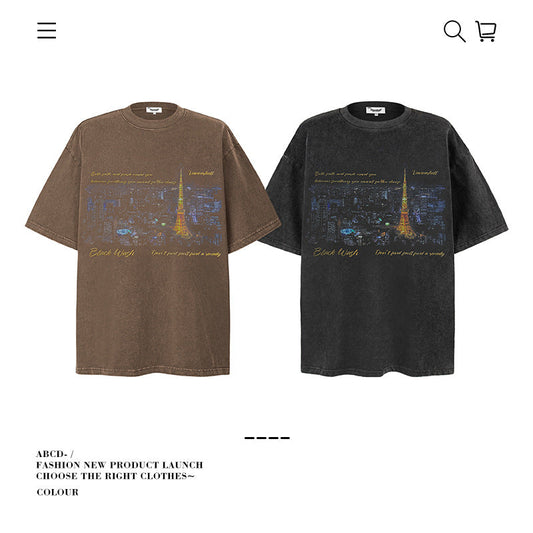 American vintage street T-shirt pure cotton retro men's and women's summer loose half sleeves
