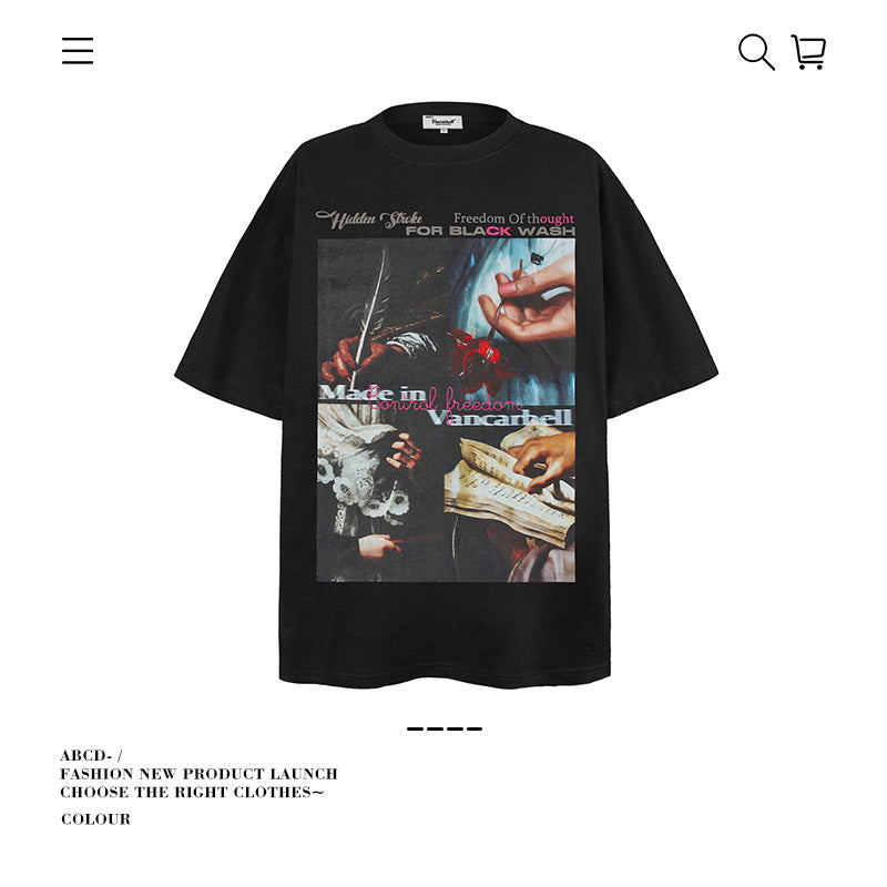American vintage street T-shirt men's loose spring and summer half-sleeved shirt