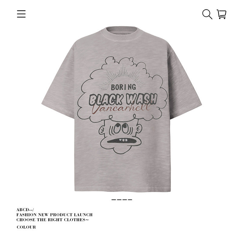 American vintage street T-shirt retro hand-painted cartoon print men's summer loose