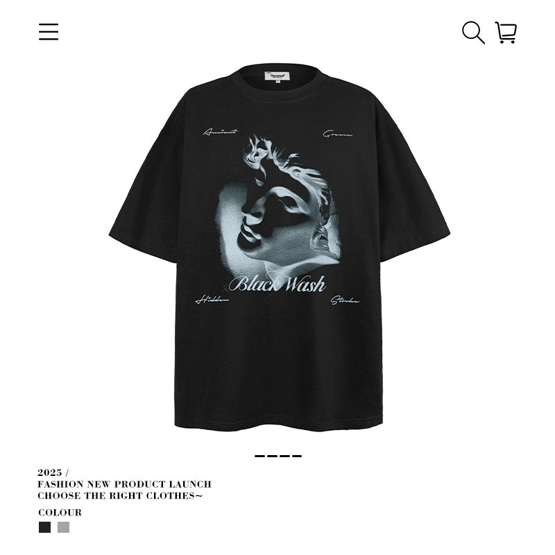 American vintage street T-shirt portrait print men's loose spring and summer half-sleeved shirt
