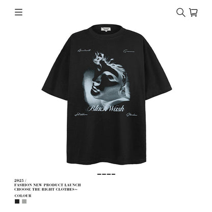 American vintage street T-shirt portrait print men's loose spring and summer half-sleeved shirt