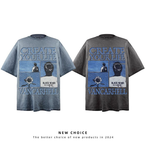 American vintage street T-shirt retro men's summer loose casual half-sleeved shirt