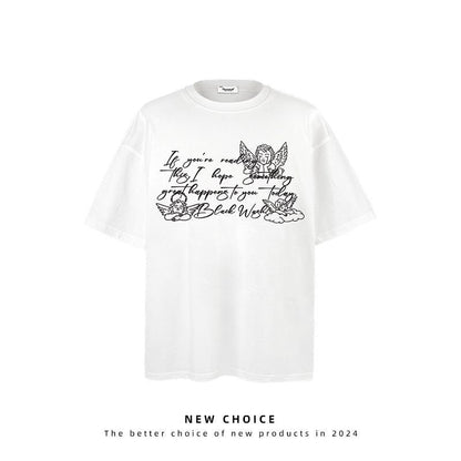American vintage street T-shirt vintage angel tears print men's summer loose half sleeve
