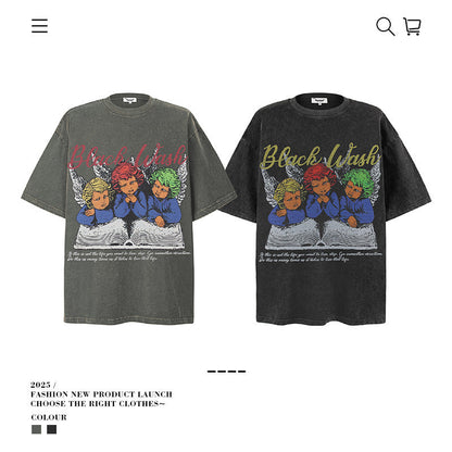 American vintage street T-shirt pure cotton retro men's and women's summer loose half sleeves