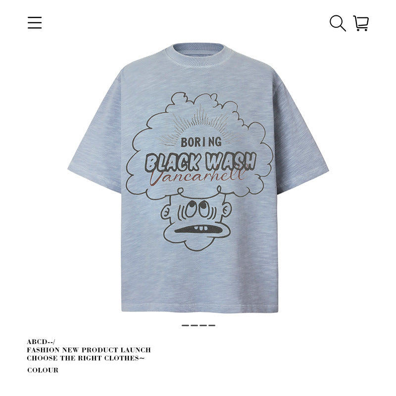 American vintage street T-shirt retro hand-painted cartoon print men's summer loose