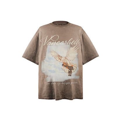 American vintage street T-shirt retro hand-painted bird print men's summer loose half sleeve