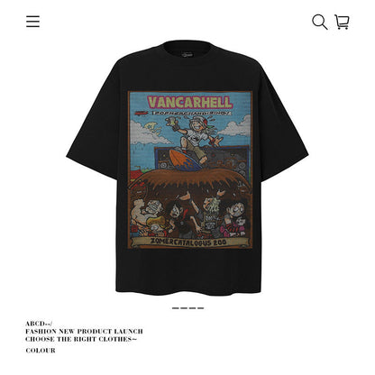 American vintage street T-shirt cotton cartoon print men and women summer loose