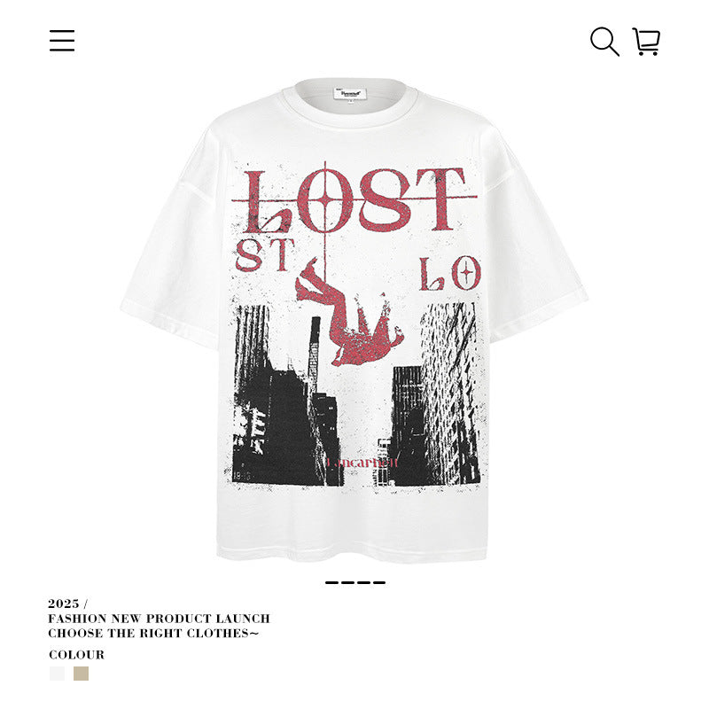 American vintage street T-shirt pure cotton retro men's and women's summer loose