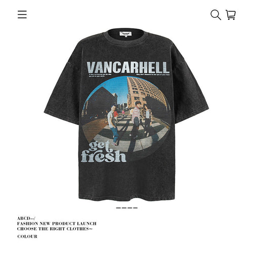 American vintage street T-shirt retro mirror human print men's summer loose half-sleeved shirt